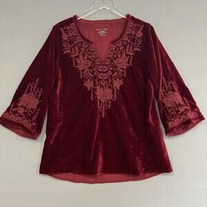Karyn Seo Embroidered Red Velvet Top Size Medium Bell Sleeve Pullover Tunic
